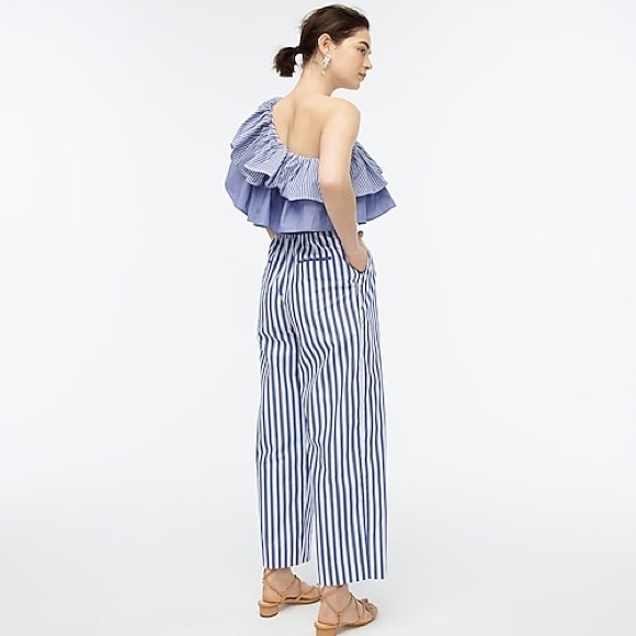 J. Crew Blue Striped Ruffle One-Shoulder Jumpsuit - Picture 3 of 4